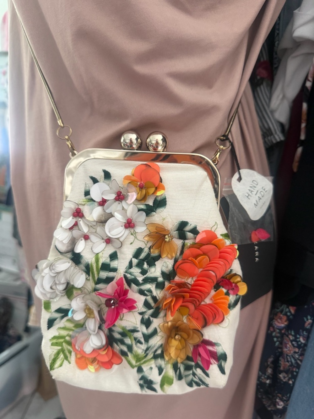 Zara Cream Crossbody Bag with Orange, Pink & Gold Floral Appliqués